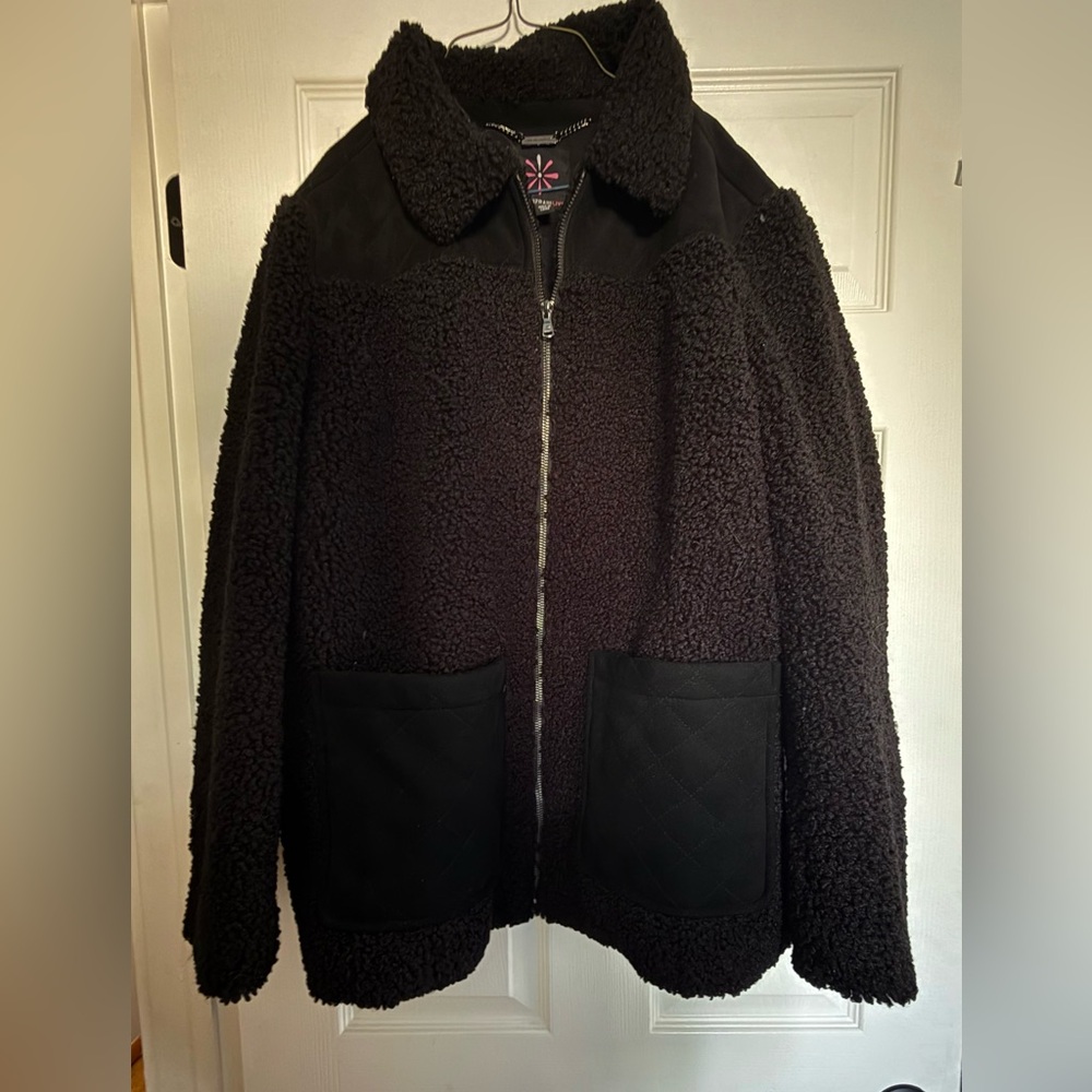 Black Faux Shearling Jacket with Quilted Pockets
